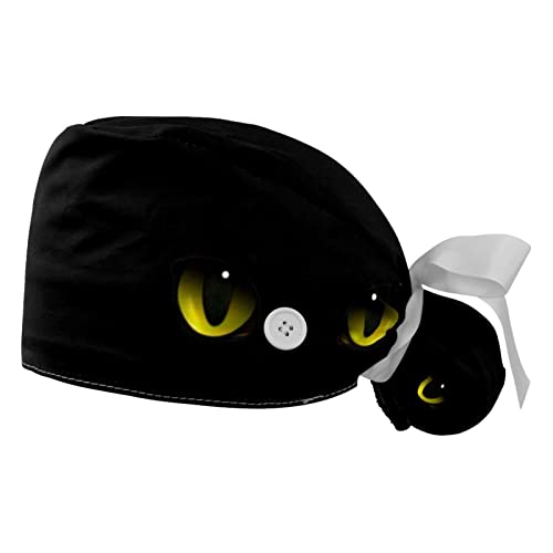 Mersov 2 Packs Cats Eyes Darkness Nurse Scrub Caps Women Long Hair, Adjustable Tie Back Skull Hat, One Size Working Head Cover Multicoloured 10 Medium-3X-Large