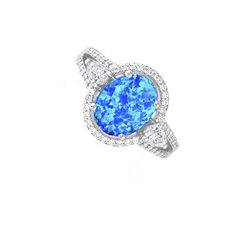 Savlano 14K White Gold Plated Created Oval Blue Opal Stone with Cubic Zirconia Ring for Women - Comes With a Gift Box2