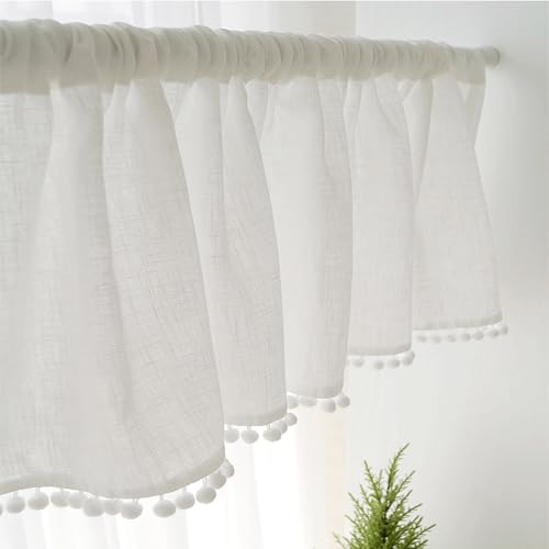 Meia cortina varanda cortina de café armário janela salediça fio de linho cruzado branco bola de algodão cortina curta para janela pequena de campo pia da cave quarto de lavandaria - 150 x 45 cm