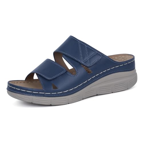 Minetom Ciabatte Donna Ortopedico Estive Moda Pantofole Sandali Punta Aperta con Zeppa E Strappo Boho Scarpe Spiaggia Slippers Solette Massaggianti A Blu 37 EU