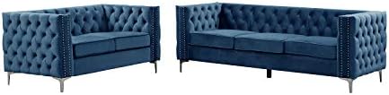Morden Fort Modern 2 Pieces of Loveseat and Sofa Couch Set with Dutch Velvet Blue., Iron Legs.