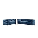 Morden Fort Modern 2 Pieces of Loveseat and Sofa Couch Set with Dutch Velvet Blue, Iron Legs.