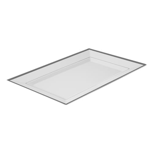Restaurantware Rectangular Serving Plates 100 Count 12.5 x 8.25 Inch Silver-Rimmed Plastic White Disposable Buffet Plates Greaseproof Elegant Dinner Plates Warm and Cold Food Friendly