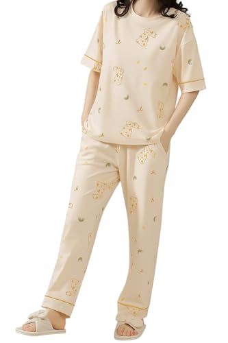 Image of GLASGO Women's Cotton Pajama Set with Top & Pants|| Korean Night Wear|| Loose Fit Home Wear || Lightweight Printed Set || Soft & Comfy Sleepwear for Girls & Women || LNS-4-$
