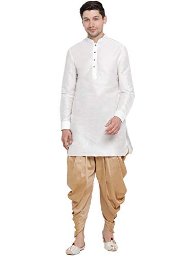 Image of Mother VM Mens Silk Blend Kurta And Dhoti Set - Classic Ethnic Attire| Curved Shape Pathani Style Men's Mid Length Full Sleeves Mandarin Collar Kurta With Cowl Style Patiala Dhoti Pant Set