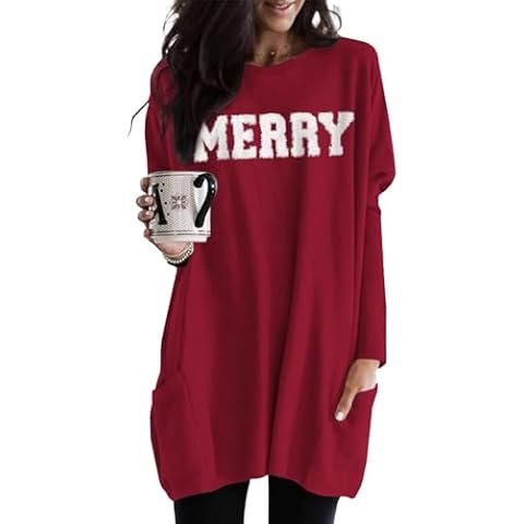 CM C&M WODRO Women Merry Christmas Shirts Long Sleeve Glitter Patch Tunic Top Xmas Pullover Blouse Holiday Outfit with Pocket (Red, 2XL) Cover