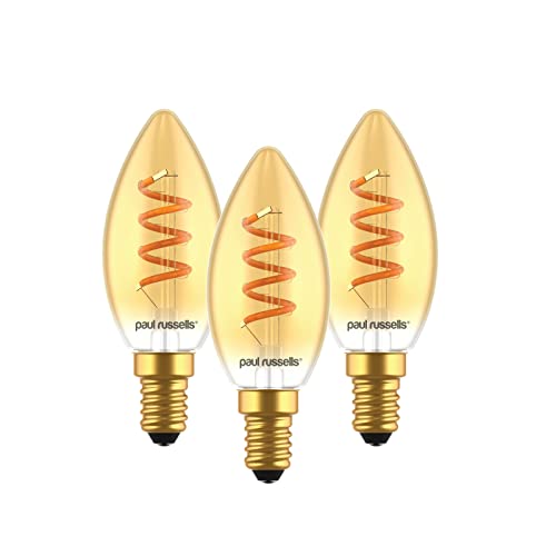 paul russells Spiral Filament LED Candle Small Edison Screw E14 2.5W Vintage Light - Replace 15W Extra Warm White 1800K SES C35 Amber Retro Style Decorative Non-Dimmable Bulbs No Flicker - 3 Pack