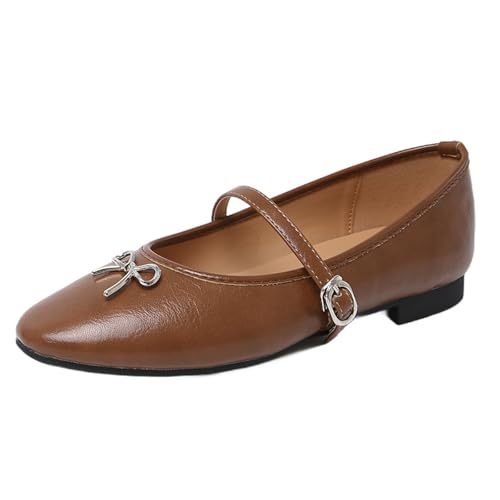 Womens Closed Round Toe Mary Jane Flats Bow Low Heel Shoes with Adjustable Buckle Straps Comfortable Slip On Flats Shoes