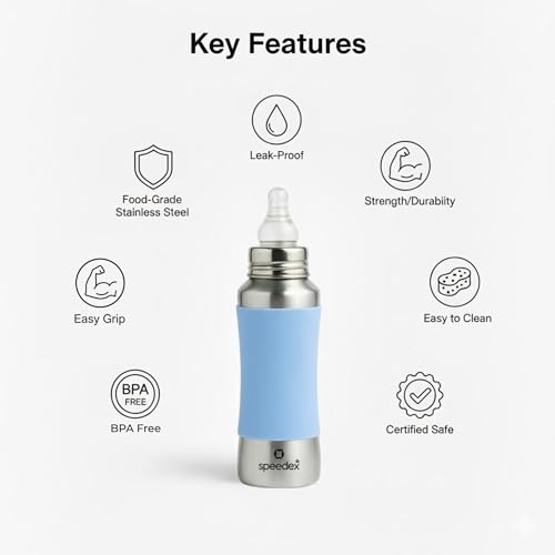Image of SPEEDEX Stainless Steel Baby Feeding Bottle 240 ml with Blue Silicone Grip & Internal ML Marking | BPA & Plastic Free | Anti-Colic Silicone Nipple | 304 Grade Steel Infant Milk Bottle | Leak Resistant (240ml)