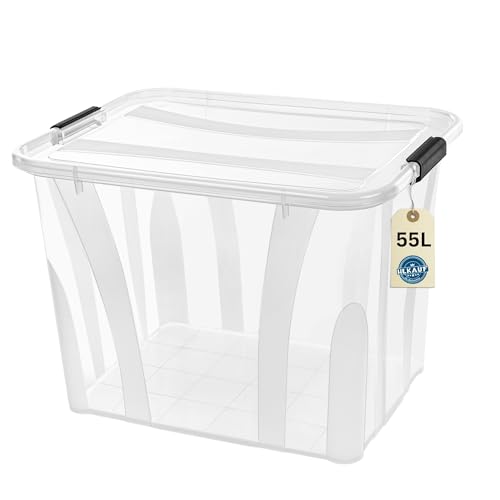 Aufbewahrungsboxen mit Deckel, 7L 14L 21L 32L 55L 80L Plastik Boxen Klickverschluss Stapelboxen 1er/3er Sets Lebensmittelecht Transparent Haushalt & HLKauf-Block (1er 55-Liter & 1x HLKauf-Block)