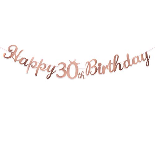 Happy 30th Birthday Banner Crown Garlands Backdrop Bunting Thirty Years Old Anniversary Photo Booth Background DIY Party Decoration Supplies for Boys or Girls Living Room (Rose Gold)