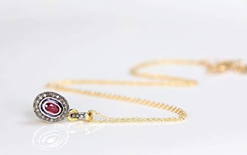 Genuine Ruby Oval Pendant Necklace- Vintage Style Pendant- Rose Cut-Pave Diamond-Mixed Metal-Women's Jewelry Gift Idea- July Birthstone-Holiday (Ruby) #TOP1
