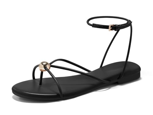 Coutgo Womens Strappy Flat Sandals Open Toe Flip Flops Sandals Ankle Strap Summer Beach Shoes, Black, size 8
