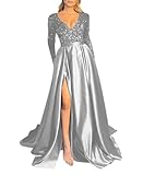 Fanciest V Neck Long Sleeve Prom Dresses with Slit Sequin Satin Long Formal Evening Gowns Silver US0