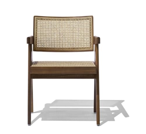 Image of Solid Wood Arm Chair with Cushion and Cane Back Support Chair Living Room Bedroom Home Wooden Armchair Furniture Garden Balcony Outdoor & Indoor (Walnut Chair with Cane)