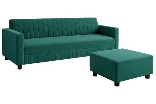 Image of 3 Seater Velvet Sofa with Ottoman | Modern Upholstered Couch | Comfortable Living Room Sofa | Durable & Stylish Seating for Home, Office & Guest Room - Green Color