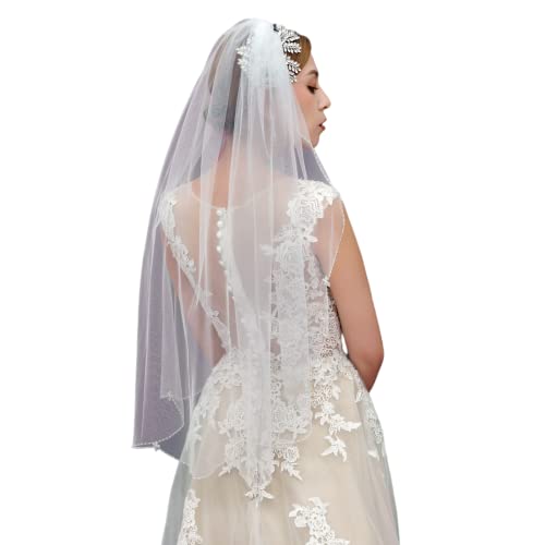 JHOO Brautschleier Für Braut Hochzeit Softtüll Weiß Elfenbein Fingerspitzen Länge Perlenranddekoration (white) Cover