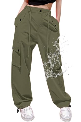 Cromoncent Womens High Waist Parachute Pants Y2K Cargo Trousers with Pockets, Olive Green, S