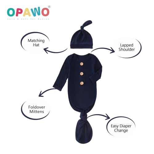 OPAWO Knotted Gown Baby Newborn Sleepers Baby Boy Coming Home Outfit, Bamboo Viscose Baby Gowns with Mitten Cuffs and Hat Set3