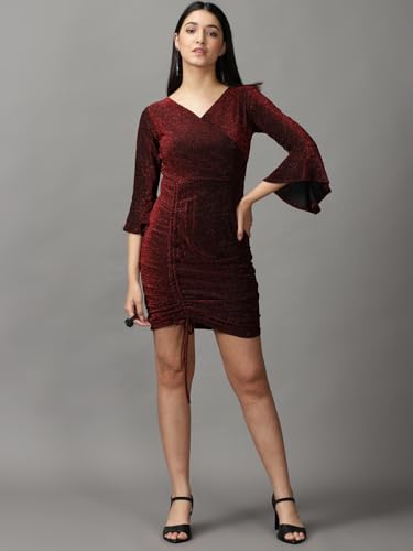 Image of SHOWOFFFF Women Self Design Wrap Casual Dress | V Neck Full Sleeves Lycra Dress for Womens | Knee Length Dress for Women's