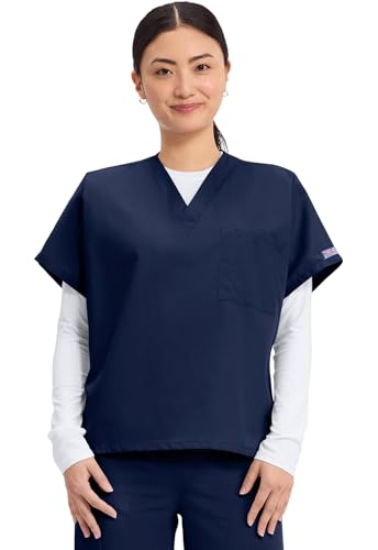 Image of Cherokee Scrubs for Women and Men Unisex V-Neck Tunic Nursing Scrub Top with Chest Pocket, Tuckable Durable Fabric - 4777 | 1 Chest Pocket For Essentials, Traditional Fit, Durable Construction, Comfortable Knit Details, Easy Care, Tuckable Style