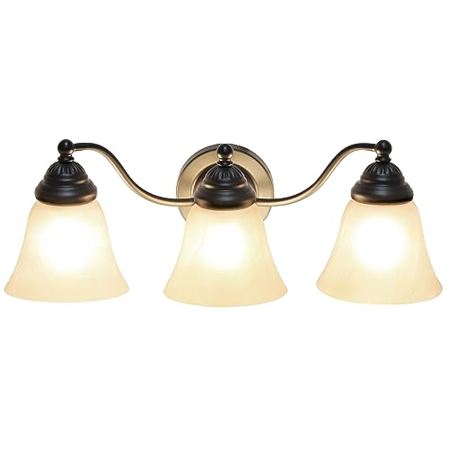 Image of Simple Designs VT1023-BLK 19.25 inch Classic 3 Light Winding Metal and Frosted Marble White Bell Shape Glass Shades Decorative Wall Mounted Vanity Fixture For Bathroom, Entryway, Hallway, Black