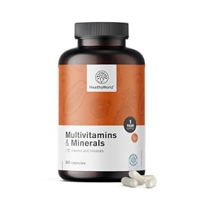 HealthyWorld Multivitamine & Mineralstoffe – 25 Vitamine & Mineralstoffe – 365 Kapseln – Jahresvorrat – Pflanzenkapseln – Immunsystem – mehr Energie- wertvolle Vitamine A-Z – Für Männer & Frauen
