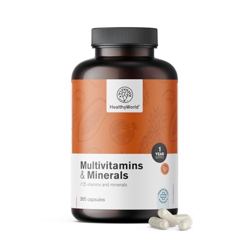 HealthyWorld Multivitamine & Mineralstoffe - 25 Vitamine & Mineralstoffe - 365 Kapseln - Jahresvorrat - Pflanzenkapseln - Immunsystem - mehr Energie- wertvolle Vitamine A-Z - Für Männer & Frauen