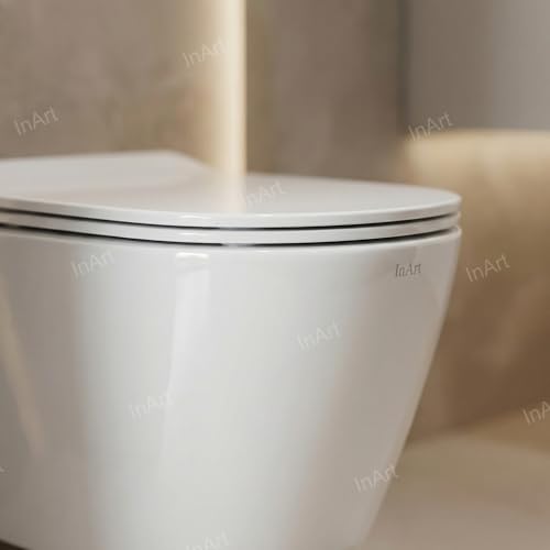 Image of InArt Rimless Wall Hung Western Toilet - Ceramic Commode Toilet with Quick Release Soft Close Toilet Seat, 51x35x34 cm (White) - 10 Years Warranty