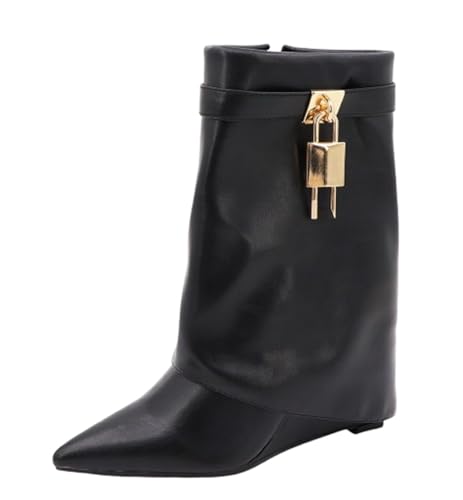 BAMBOO Women's Black Casual Wedge Mid Calf Boots