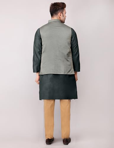 Image of Men's Cotton Silk Blend Regular Kurta Pyjama, Embroidered Nehru Jacket /Waistcoat Set