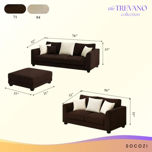 Image of SOCOZI Trevano 5 Seater Sofa Set with Ottoman (3 Seater + 2 Seater + Ottoman) | Soft Velvet Suede Fabric | Plush Comfort Cushions for Living Room (Cream-Dark Brown)