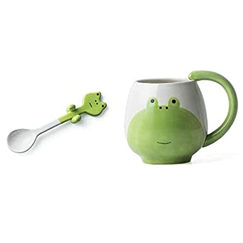 12 oz/330ML Hand-Painted Lovely Frog Ceramic Coffee Tea White/Green Mugs Cup Funny Coffee Mug with Teanspoon, for Friends (Frog)