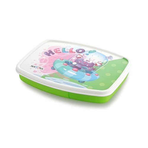 Image of Nayasa Witty Deluxe Mini 2 Compartment Lunchbox | BPA Free and Food Grade Plastic Tiffin | Alien Spaceship Print | 450 ML | Green
