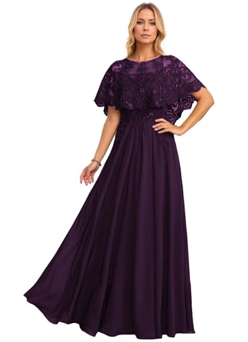 Cape Sleeves Mother of The Bride Dresses for Wedding Long Sequin Laces Chiffon Mother of The Groom Dress with Pockets