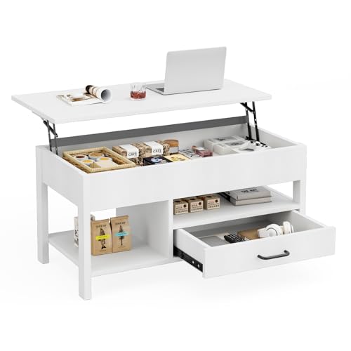 IKIFLY ローテーブル 昇降式 木製 コーヒーテーブル 引き出し付き テーブル 収納付き センターテーブル 大容量収納リビングテーブル 高さ調整リフティングテーブル 簡単開閉 ホンムオフィステーブル 昇降式 コンパクト リビングルーム オフィス用 在宅勤務 食事一人暮らし 幅90×奥行45×高さ46.2-59cm (白色)
