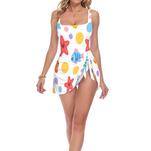 Maillot de bain 1 pièce femme poissons colorés étoiles de mer plage piscine beachwear