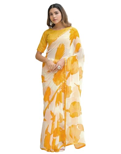 Image of SIRIL Women's Chiffon Printed Saree with Unstitched Blouse Piece