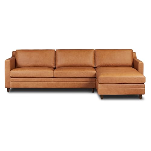 Poly & BARK Harper Right-Facing Leather Sleeper Sectional Sofa Cognac Tan&ndash; Full-Grain Aniline Leather, Sculptural Silhouette, Walnut-Finished Legs &ndash; Modern Statement Sofa for Living Spaces