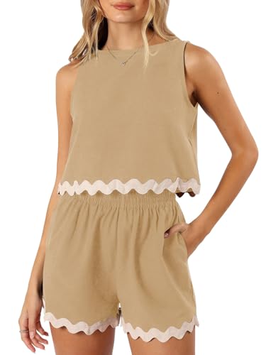Image of Tankaneo Womens 2 Piece Vacation Outfits Lounge Sets Casual Cropped Tank Tops Shorts Matching Set