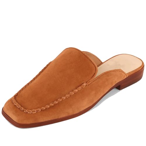 Suede Mules for Women Square Toe Slip On Loafers Flats Low Heel Backless Slide Shoes for Casual Fashion Party Work (Brown,8.5)