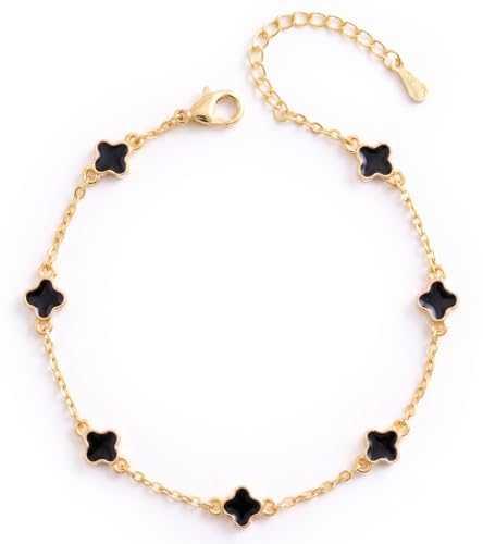 Billet-doux 14K Gold Plated Tiny Clovers Bracelet For Women, Very Small Dainty Gold Plated White/Black/Teal 4-Leaf Clovers Chain Bracelet, Mothers Day Gift, 2026 Trendy Stackable Gold Jewelry