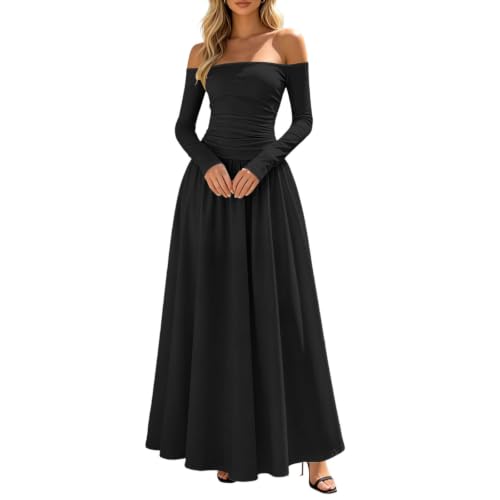 Generisch Herbstkleid Damen,Herbstkleid Damen Langarm Lang Kleid Herbst Winter Kleider Elegant Herbstkleider Festlich Outfit A Linie Einfarbig Winterkleid 50Er Jahre Damenkleidung Für Hochzeit