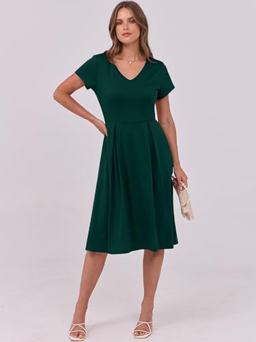 Image of ANRABESS Women Summer Dress Casual Short Sleeve V Neck A-Line Knee Length Pleated Flowy 2026 Fashion Midi Dresses with Pocket