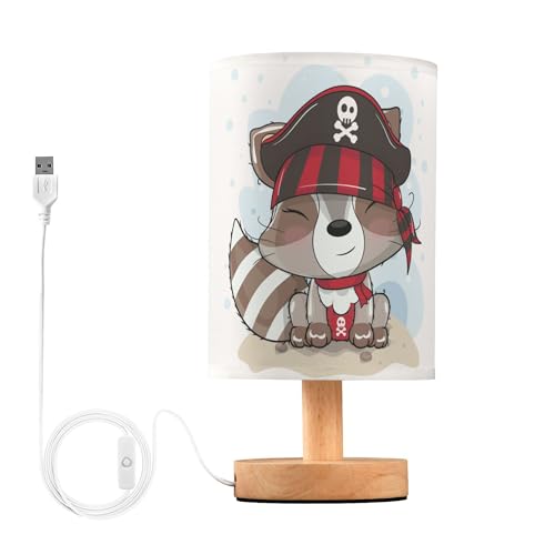 YYZZH Table Lamp Cartoon Raccoon in Pirate Hat Nightstand Lamp with Wood Base Fabric Lamp Shade Bedside Desk Lamp for Living Room Bedroom Kids Room Office