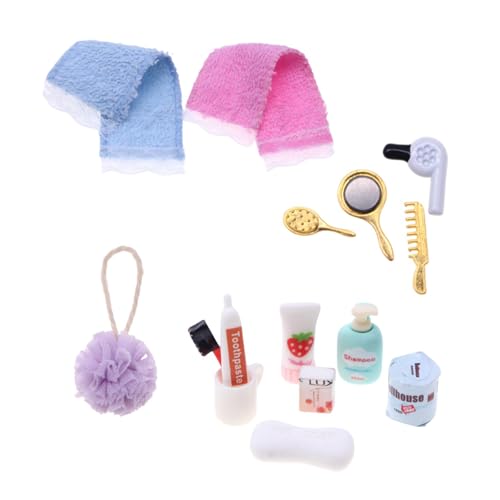 EUYKQNOI 15 Pièces Accessoires Bar bi pour Maison de Poupée, Meubles Miniatures de Salle de Bain, Kit Complet avec Savon Dentifrice Shampoing, Jouet Créatif pour...