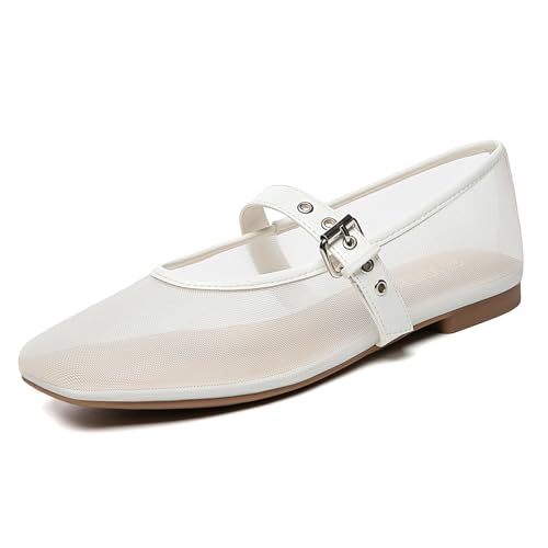 Image of Rihero Mesh Ballet Flats for Women Square Toe Mary Jane Flats Comfortable Casual Ballerina Shoes