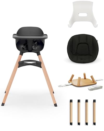 Image of Lalo The 3-in-1 High Chair Kit - Convertible Wooden High Chair for Babies & Toddlers with Infant Support, Cushion, Booster Conversion Kit & Play Legs, Adjustable Footrest - Licorice