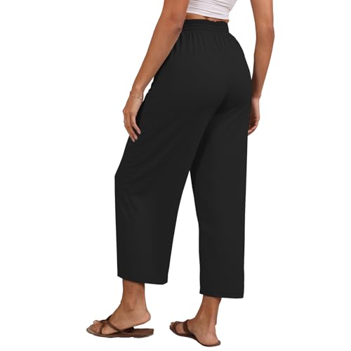 Women's Capri Pants Wide Leg High Waisted Casual Lounge Pant Loose Drawstring Beach Palazzo Trousers with Pockets4