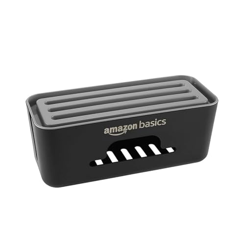 Image of Amazon Basics - Cable Management Box with Mobile Stand - Power Strip, Cords, Wires | Surge Protector Hiding Cover Organizer for Home, Office (Black)